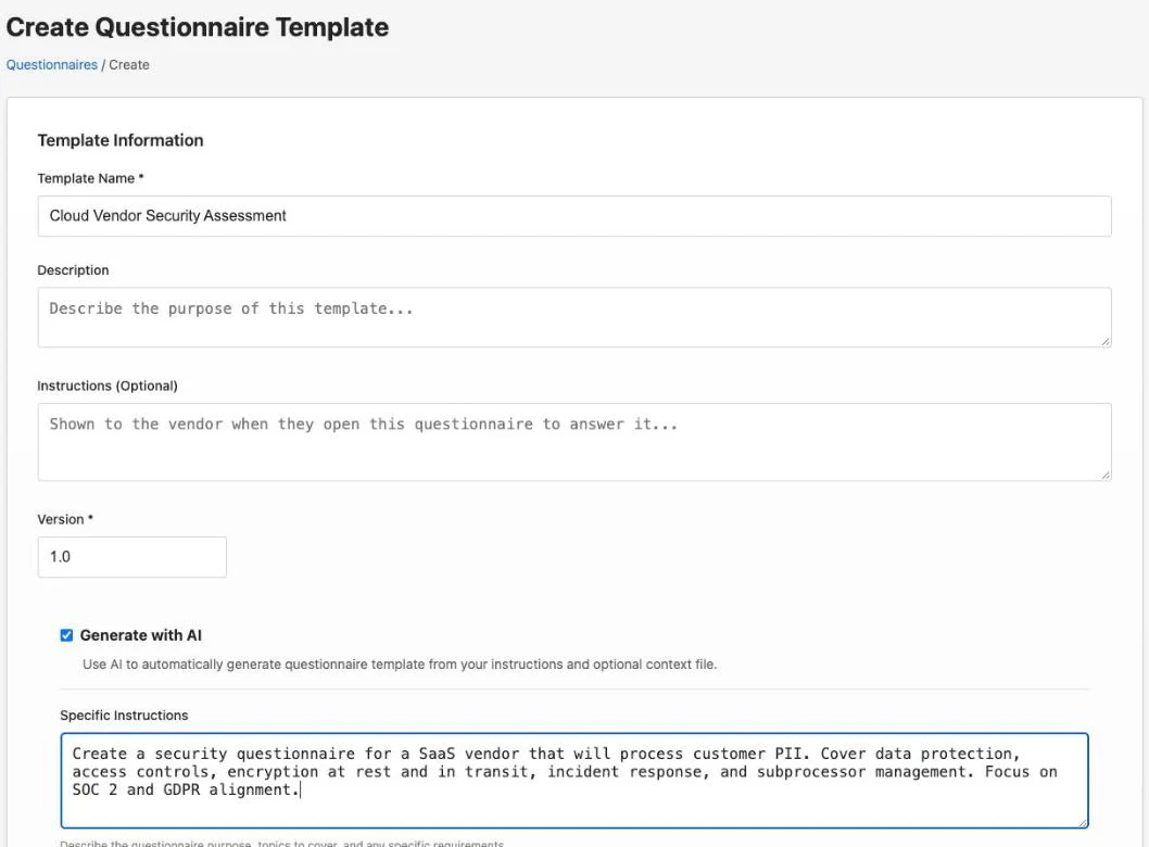 Create questionnaire template form with a Generate with AI option and a plain-language instructions field