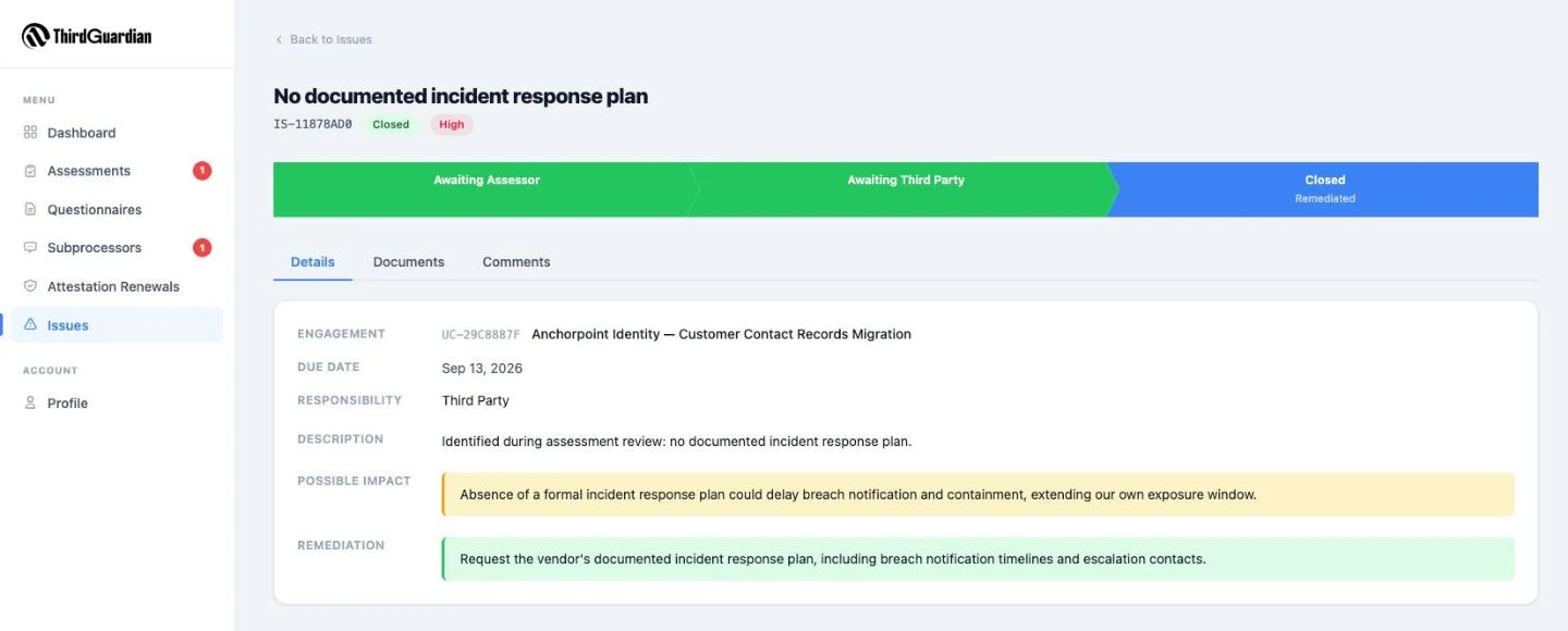 Vendor portal issue detail: lifecycle bar from Awaiting Assessor to Closed, the possible impact, and the remediation the vendor must deliver