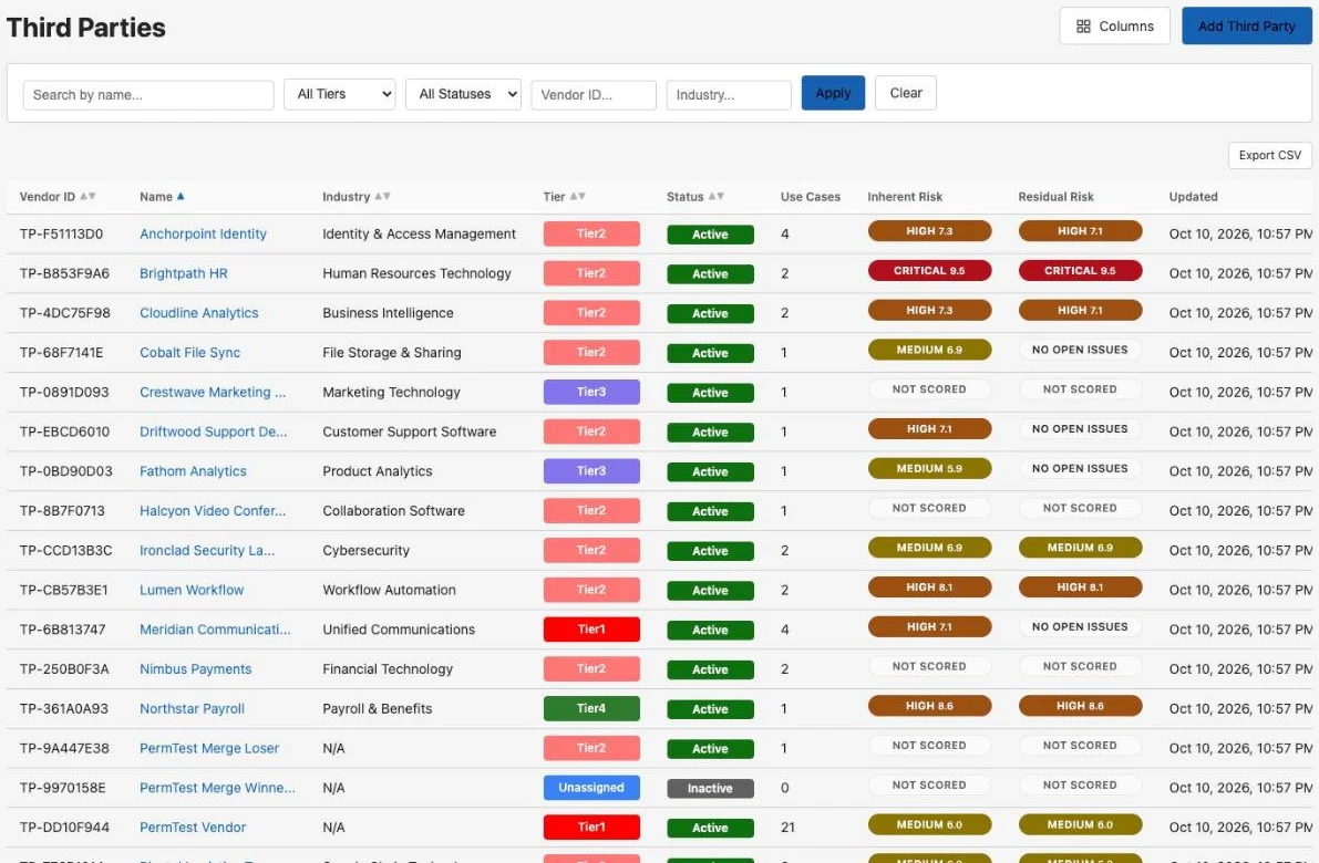 Vendor portfolio list showing tier, status, inherent risk and residual risk for each third party